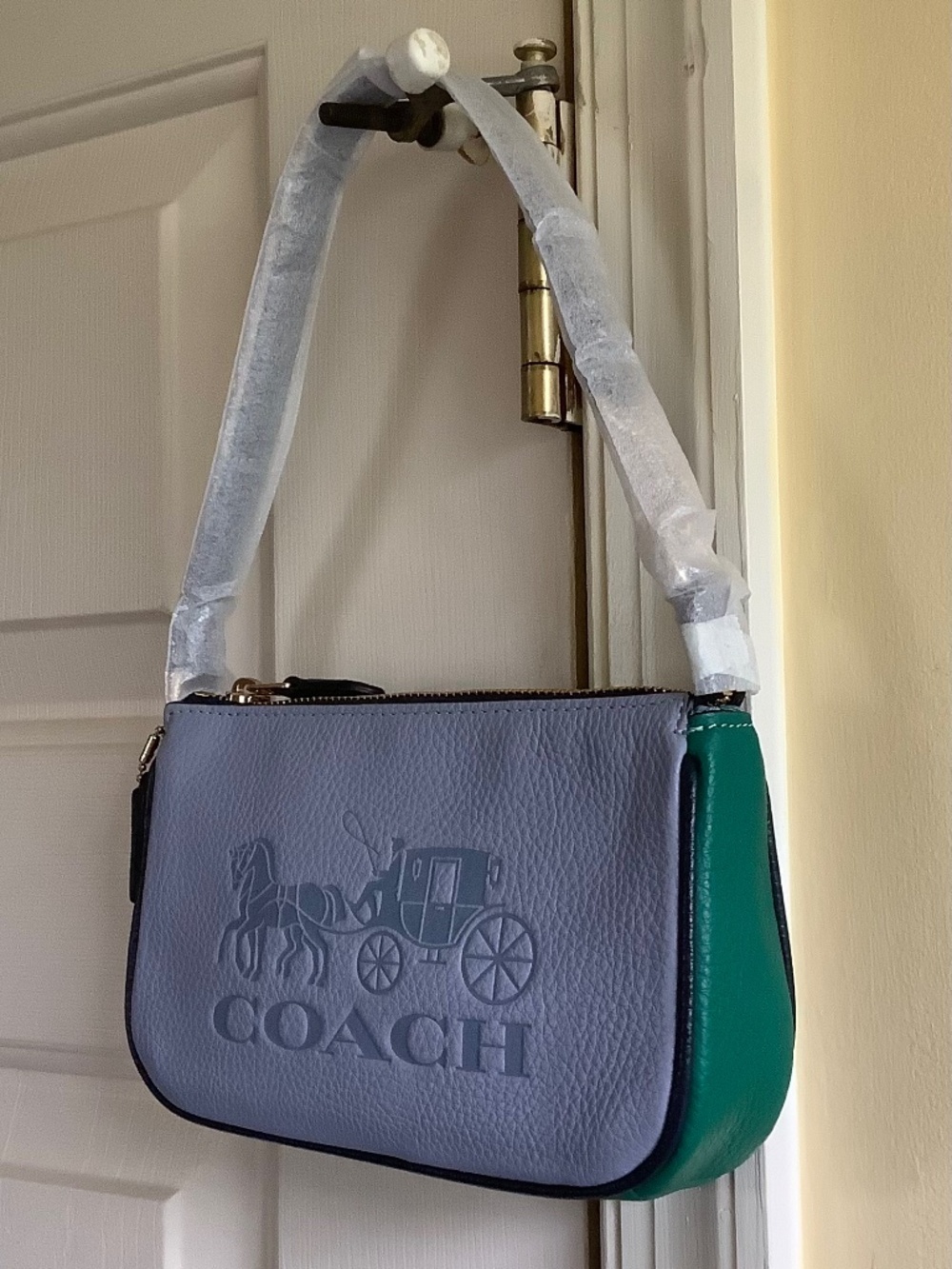 Coach Nolita 19 Leather ColorBlock Horse And Carriage Large Wristlet Green Blue
